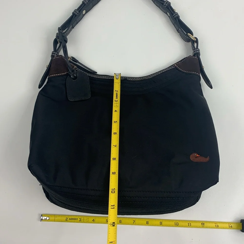 Dooney & Bourke Black leather Nylon Shoulder Bag Gold charm Pink lined Serial #